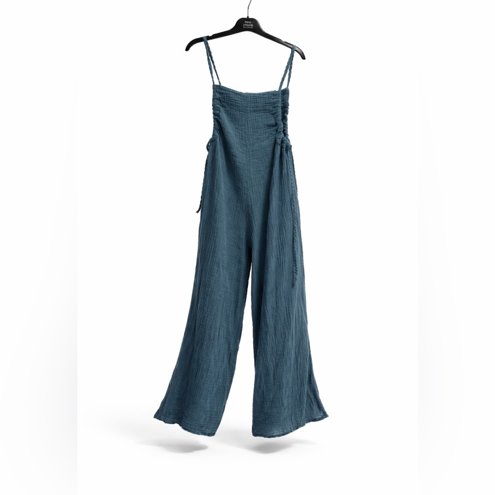 Boho Muslin Cotton Jumpsuit with Braided Straps – Petrol Blue – One Size